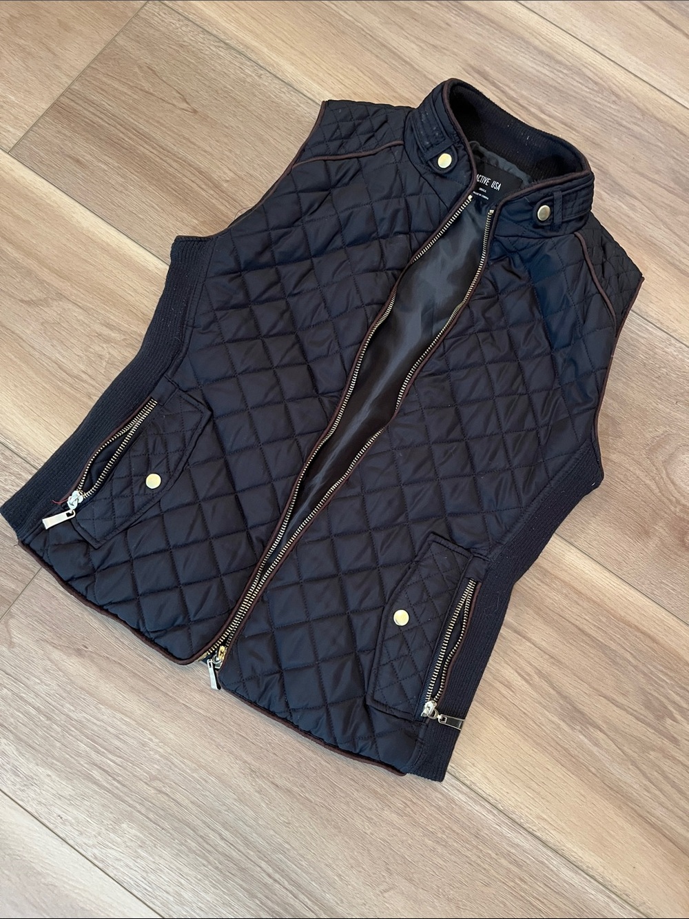 Active USA Black Quilted Vest with Gold Hardware